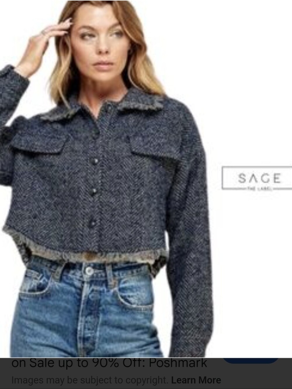 Sage The Label Jacket Women Gray Wool Blend Cropped Herringbone Tweed size L - Picture 7 of 10